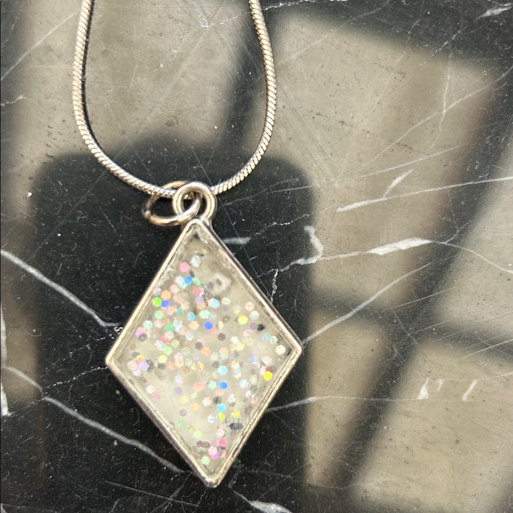 Silver Diamond Pendant Necklace. Made with retro reflective, glitter & resin.
